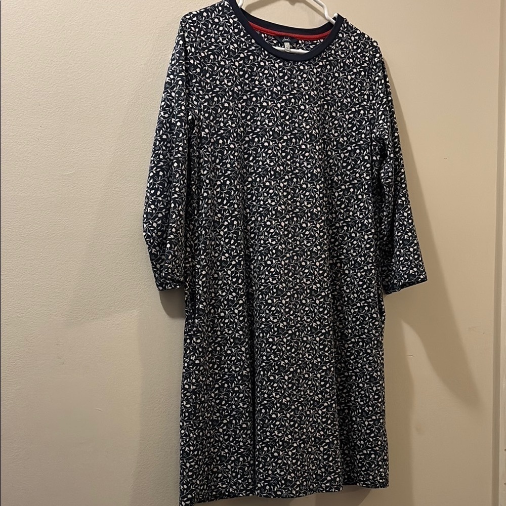 Joules Navy and Cream Floral Tshirt dress - size 10 - 3/4 sleeve 100% cotton